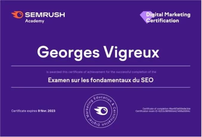 Certification Fondamentaux SEO SemRush