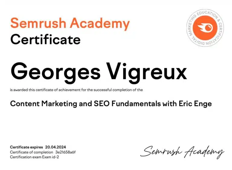 Certification SemRush en Content Marketing (SEO)